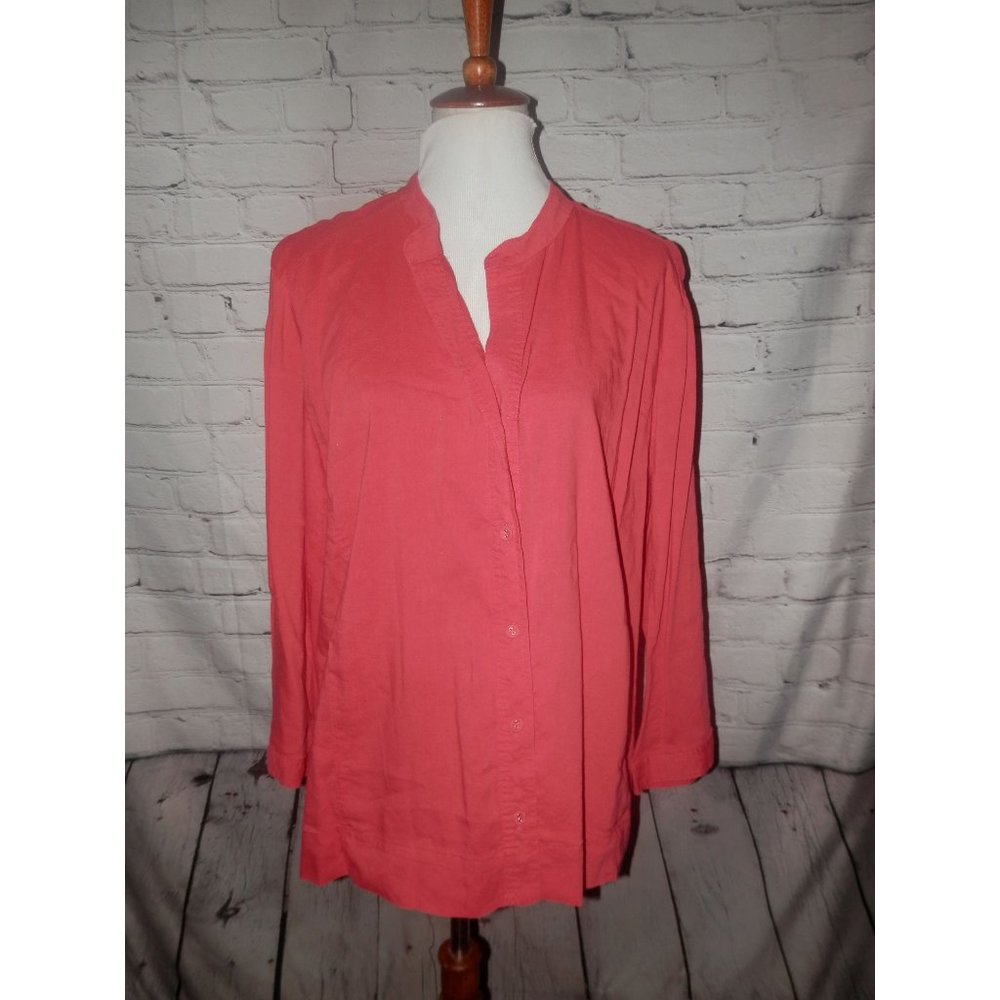 Eileen Fisher Melon Pink Top Blouse Button Front XL Tabbed Waist Pockets